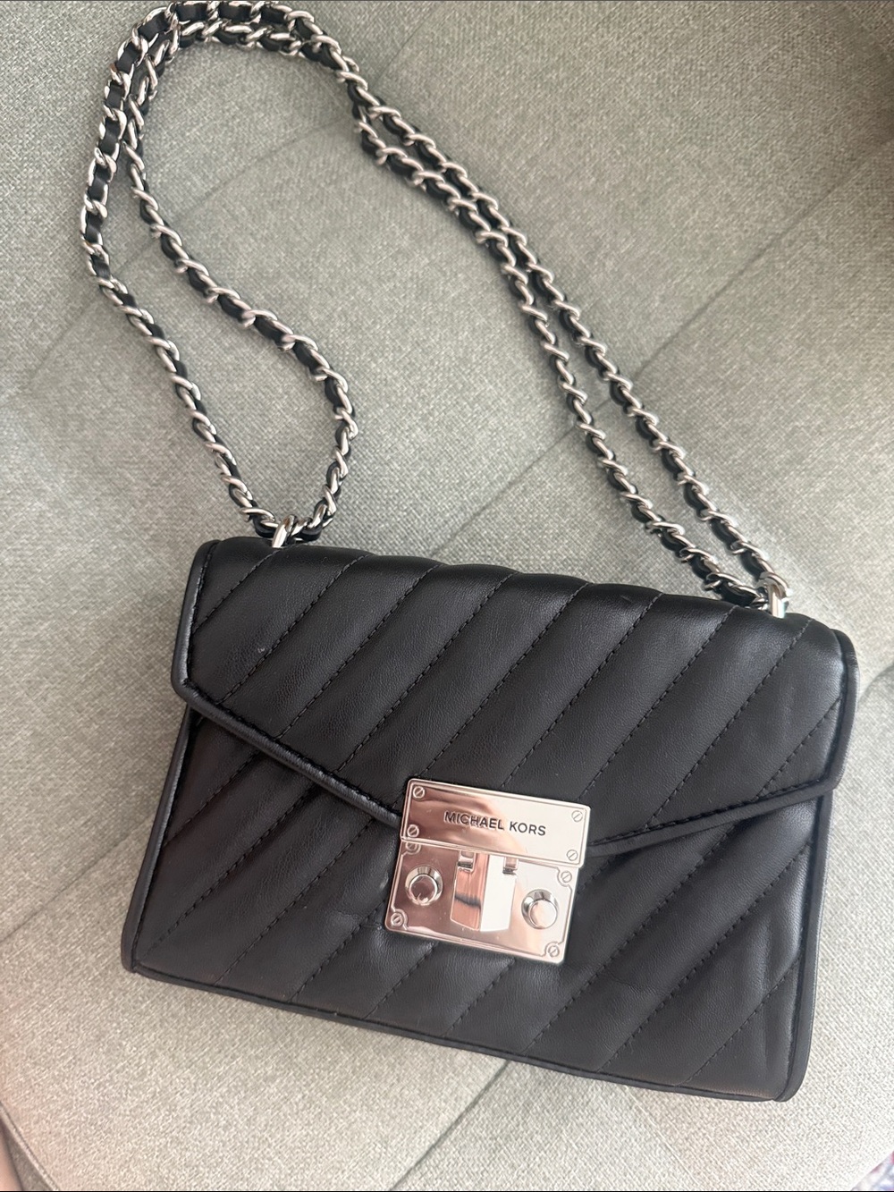 Michael Kors Black Quilted Leather Crossbody with Silver-Tone Chain